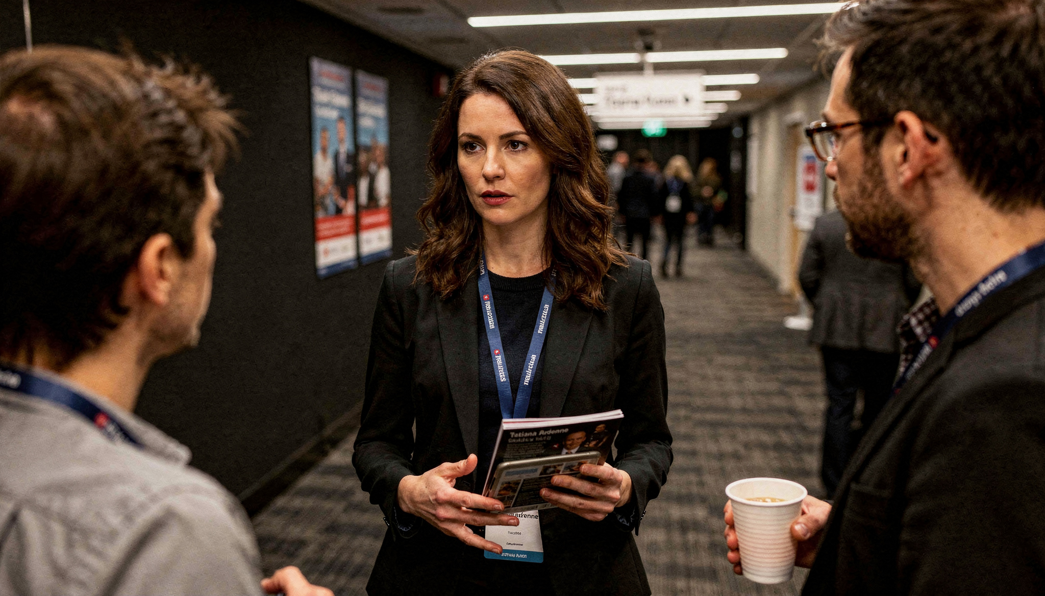 Tatiana Ardenne speaking with Janus Earth attendees in a conference corridor while holding event materials